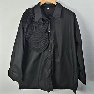 Womens Long Sleeve Art Deco Black Flower Oversize Button Dress Shirt Sz 1X